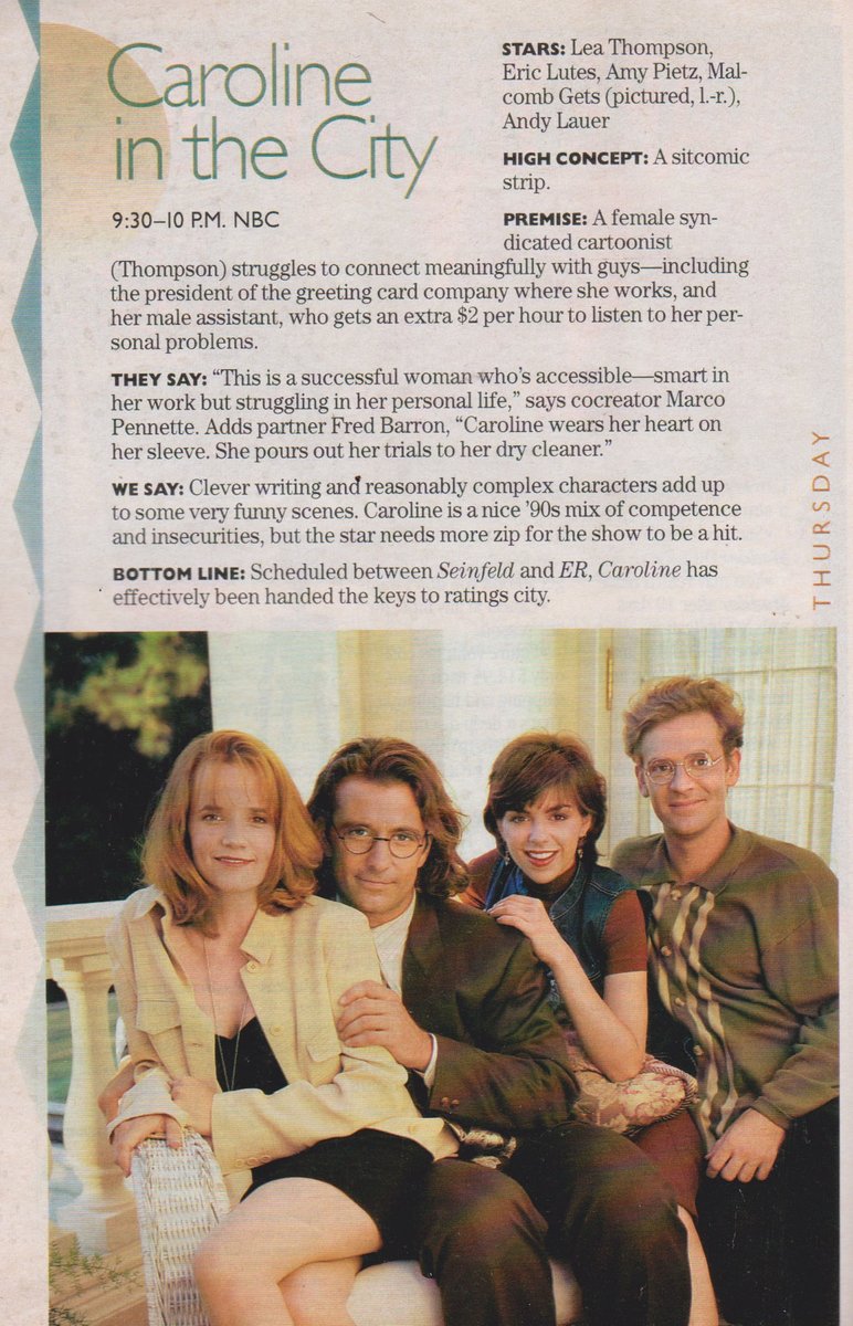 CAROLINE IN THE CITY. 1995. 

Lea Thompson, Eric Lutes, Amy Pietz, Malcomb Gets, Andy Lauer. #CarolineInTheCity #TVGuide