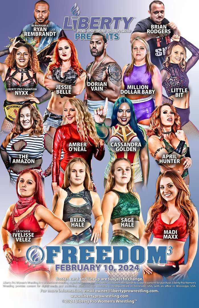 libertyproww's tweet photo. Visit the #LibertyProShop (https://t.co/mXkPpUzf81) for info on sponsoring a #LibertyProFreedom3 match featuring:
⭐Amber O'Neal
⭐April Hunter
⭐Briar Hale
⭐Cassandra Golden
⭐Ivelisse Velez
⭐Brian Rodgers
⭐Dorian Vain
Roster subject to change. https://t.co/oXXepTnVtE