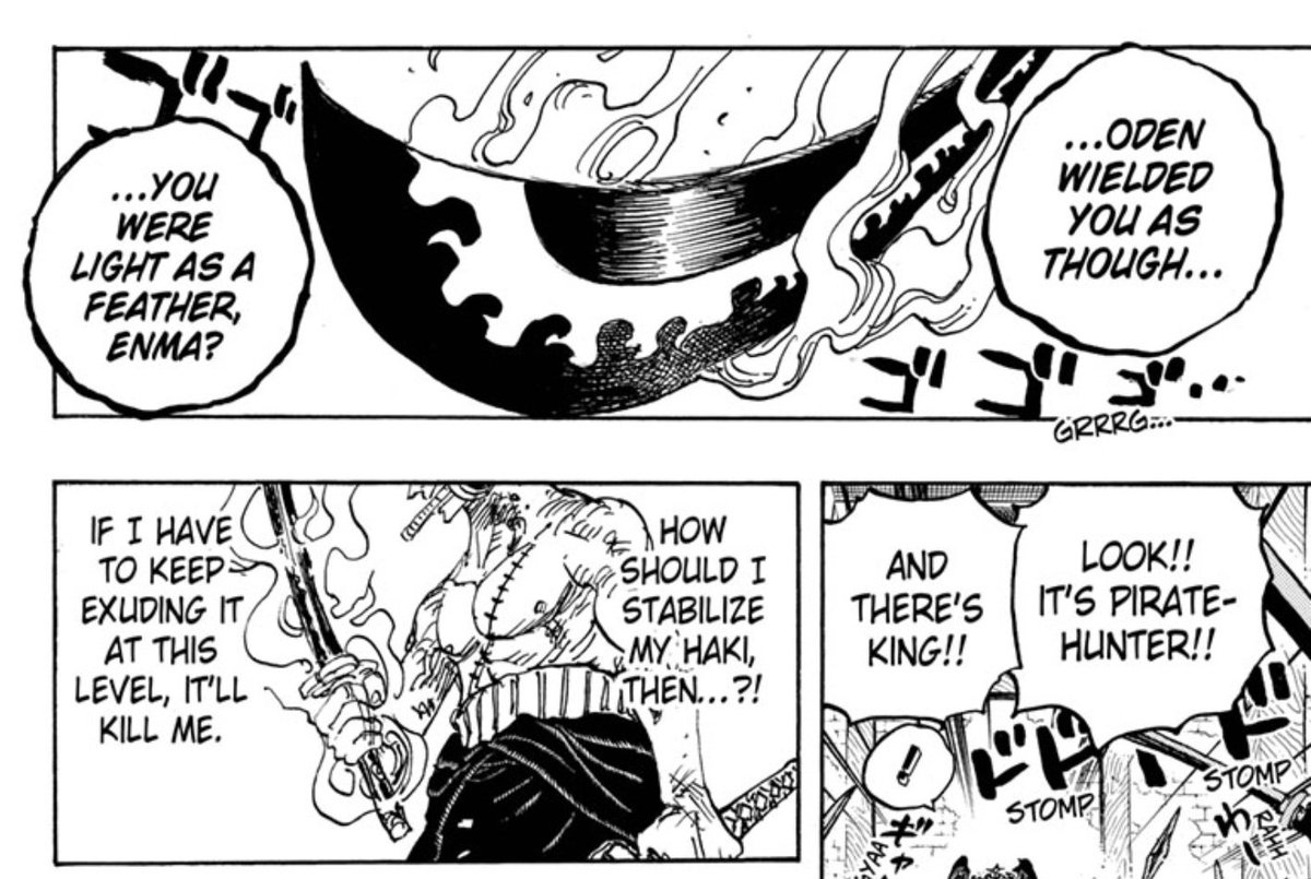 Kingslayer_Marimo🐉 on X: Hopefully this helps explain why Zoro tamed Enma.  Zoro states Enma is testing him. During the King fight (when Zoro gave all  his haki) Zoro was going THROUGH Enma's