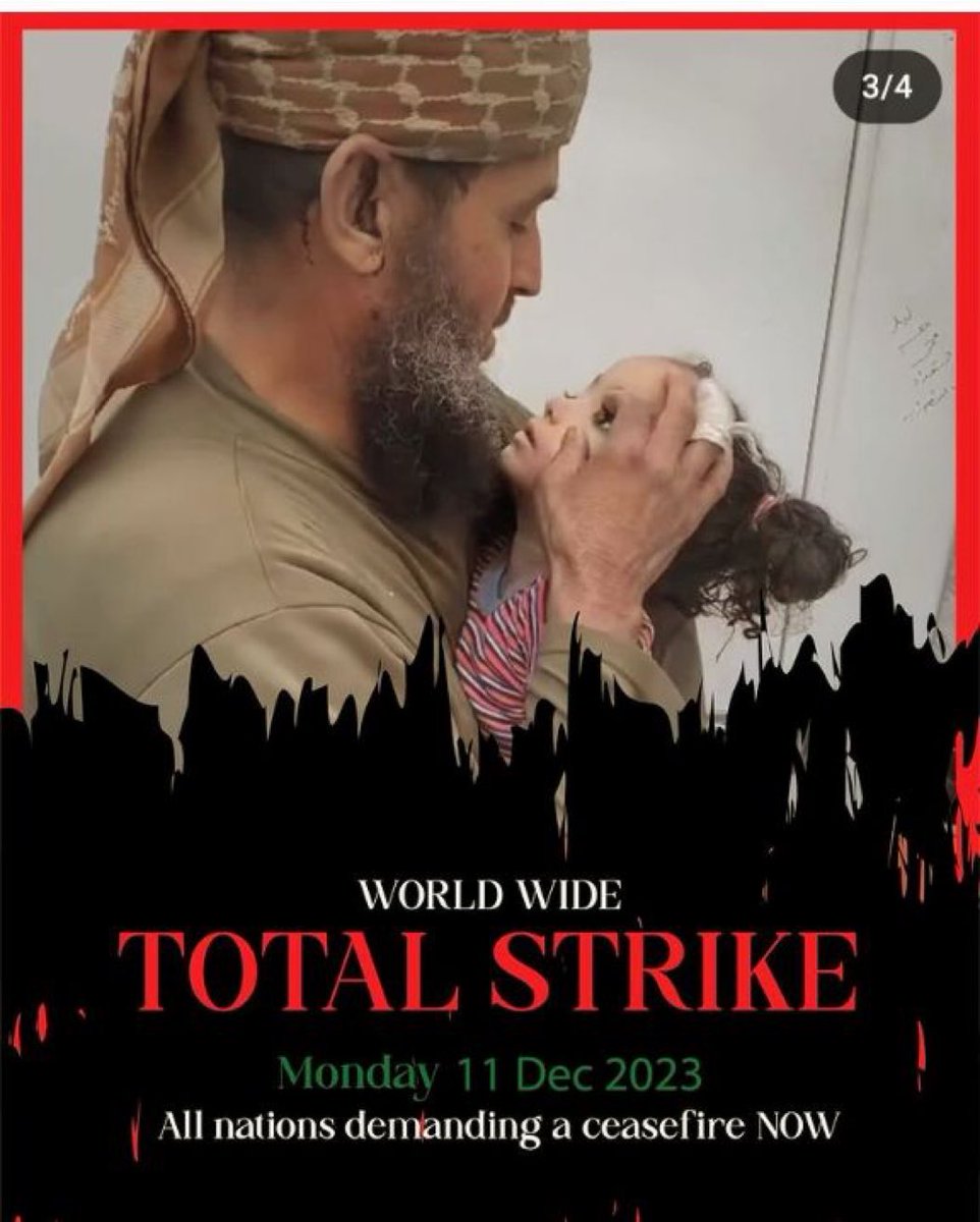 To all the free people in the world... In light of the ongoing Zionist aggression against the Gaza Strip, we call on every human being in the world to participate in a comprehensive strike on Monday, December 11 
#StrikeForGaza
#GazaHolocaust