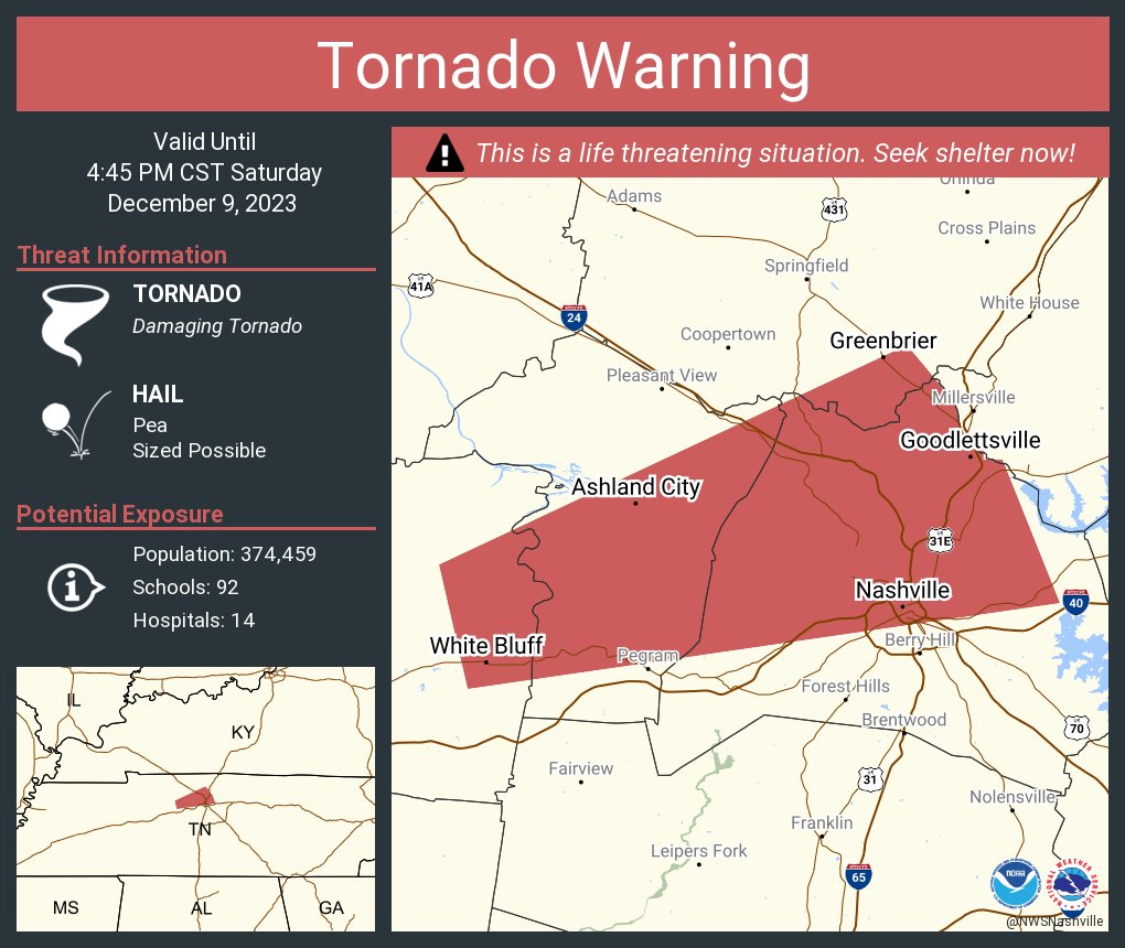 Tornado Warning including Nashville TN, Goodlettsville TN and Greenbrier TN until 4:45 PM CST