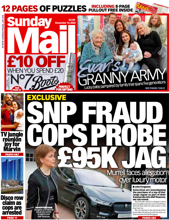 Sunday_Mail's tweet photo. Here's your first look at tomorrow's Sunday Mail front page, which leads on detectives who are investigating the purchase of a top-of-the-range Jaguar as part of their fraud probe into SNP finances.
#ScotPapers #TomorrowsPapersToday https://t.co/uAljcjhqLM