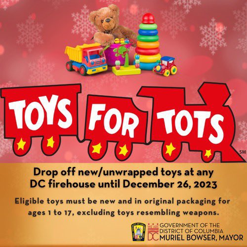 The holiday season is a great time to come together as a community and show each other our support.

Interested in giving back? Make a child's holiday brighter by dropping off toys at any <a href="/dcfireems/">DC Fire and EMS Department</a> firehouse until December 26.🧸🎁