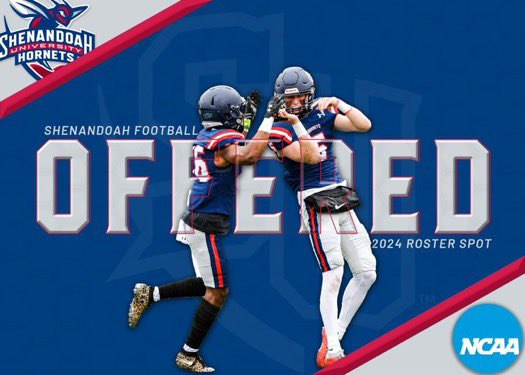 After an amazing visit to Shenandoah I’m blessed to say that I have received my 2nd official offer to @SUhornetsFB @56ways @OfficialJakeJ @Mason_Ch12 @SpotsyFootball