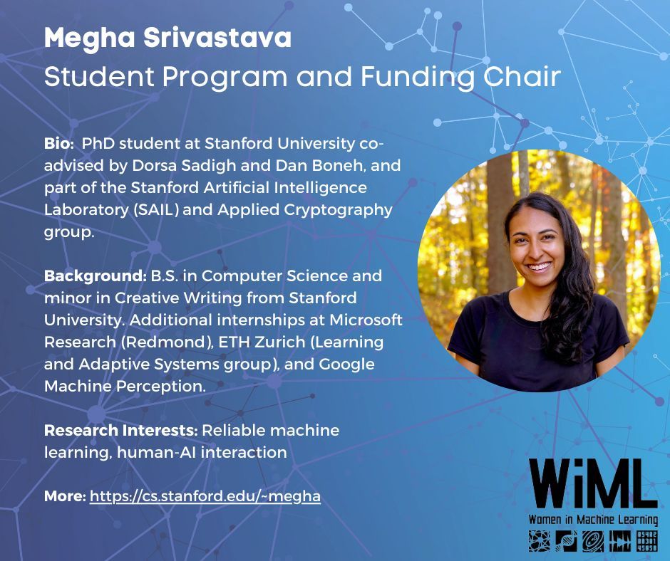 Join us in thanking Megha Srivastava our Student Program and Funding Chair who put enormous care in setting up the poster presentations and travel funding for the WiML Workshop! #NeurIPS2023 Register here: buff.ly/46TTUXr