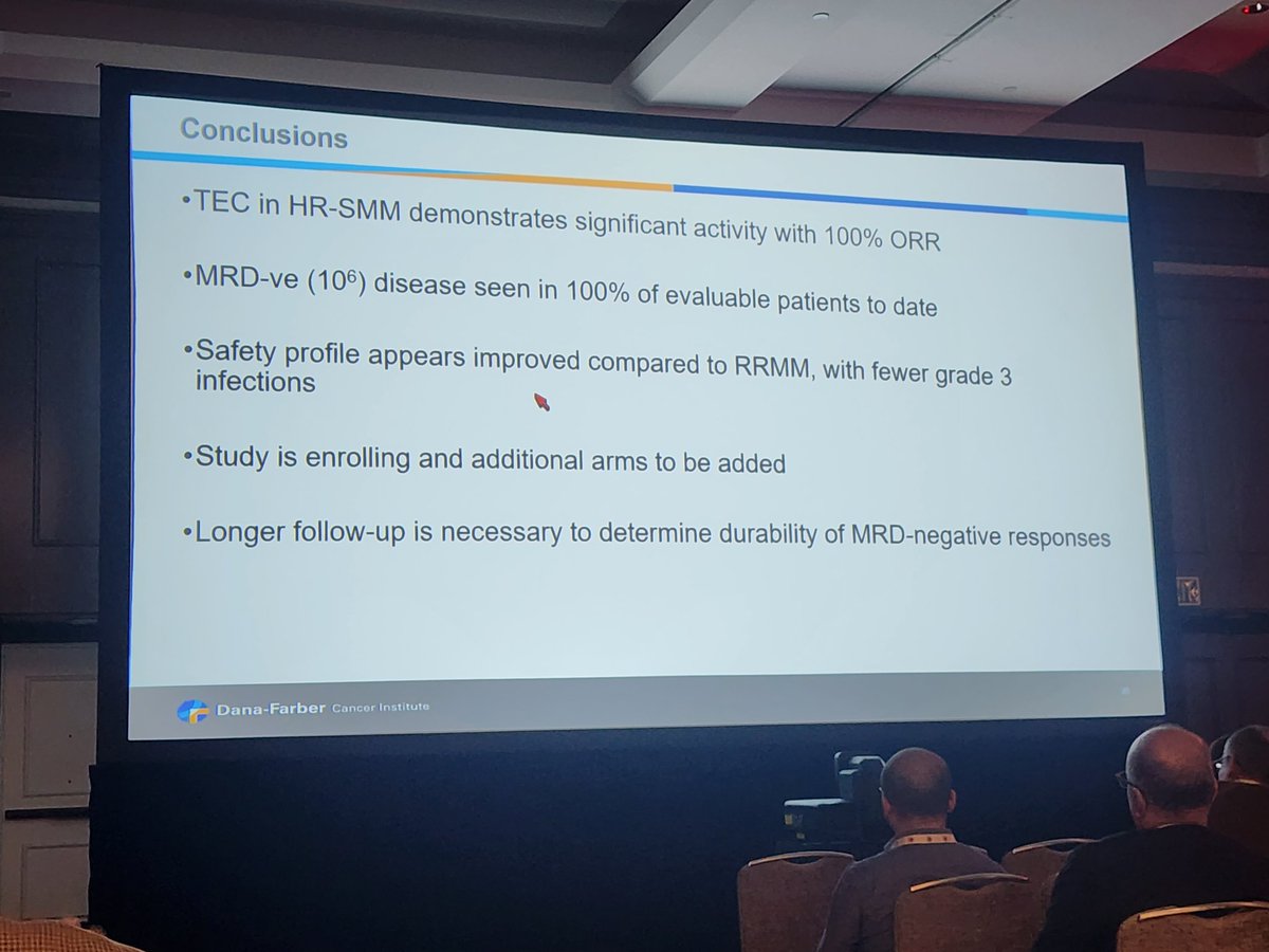 Immuno-PRISM study of 12 high risk SMM patients treated with BCMA-bispecific Tecvayli. Good activity, high rate of MRD negativity, improved safety profile compared to relapsed/refractory patients. #ASH23