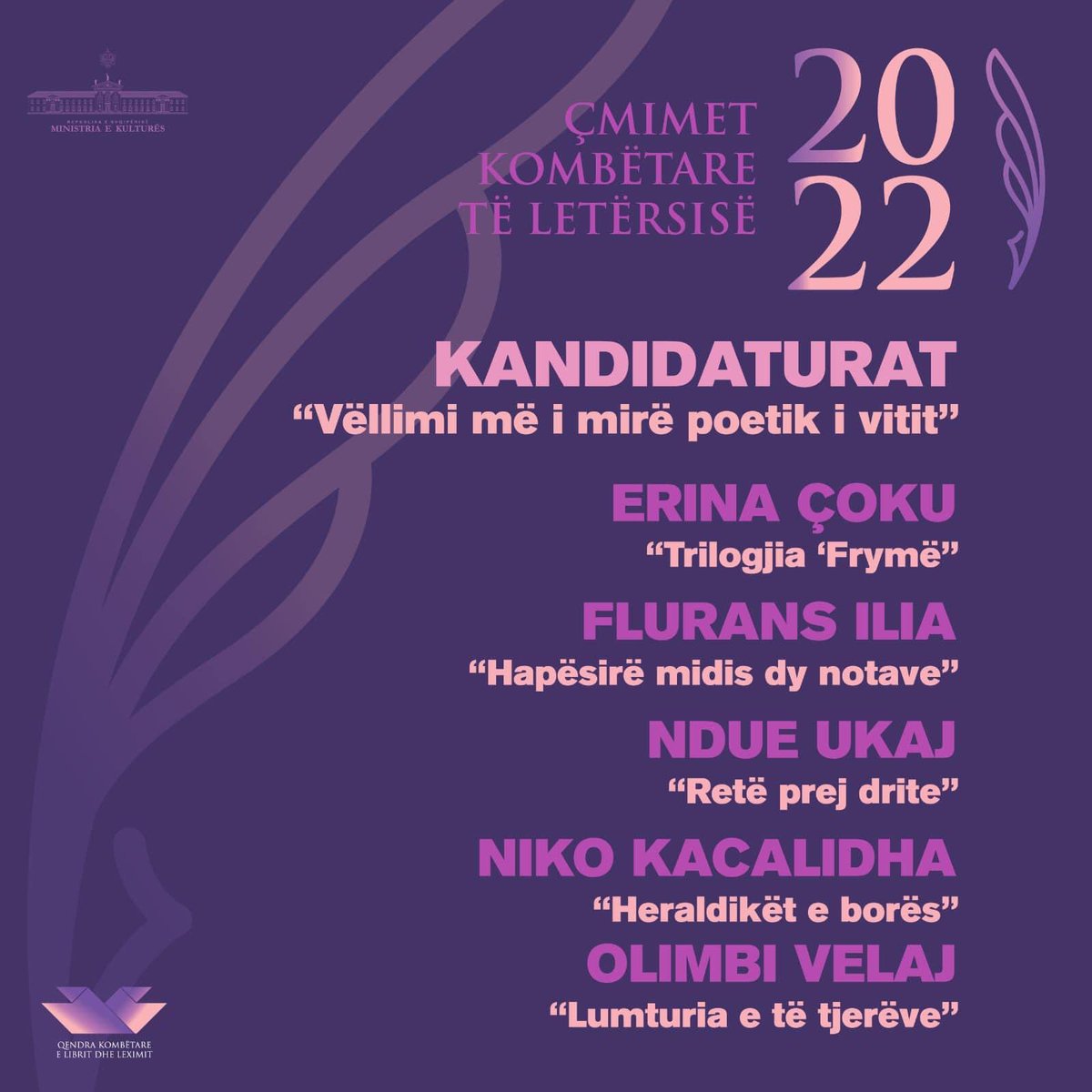erinacoku's tweet photo. Trilogjia “Frymë” ❤️

#olimbivelaj
#nikokacalidha
#erinacoku
#fluransilia
#ndueukaj
#botumetjozef
#çmimetkombëtaretëletërsisë
#PoeziaShqipe
#letërsiashqipe
#MinistriaeKulturës
#QKLL
#poem
#poetry https://t.co/sx8DrfhC0u