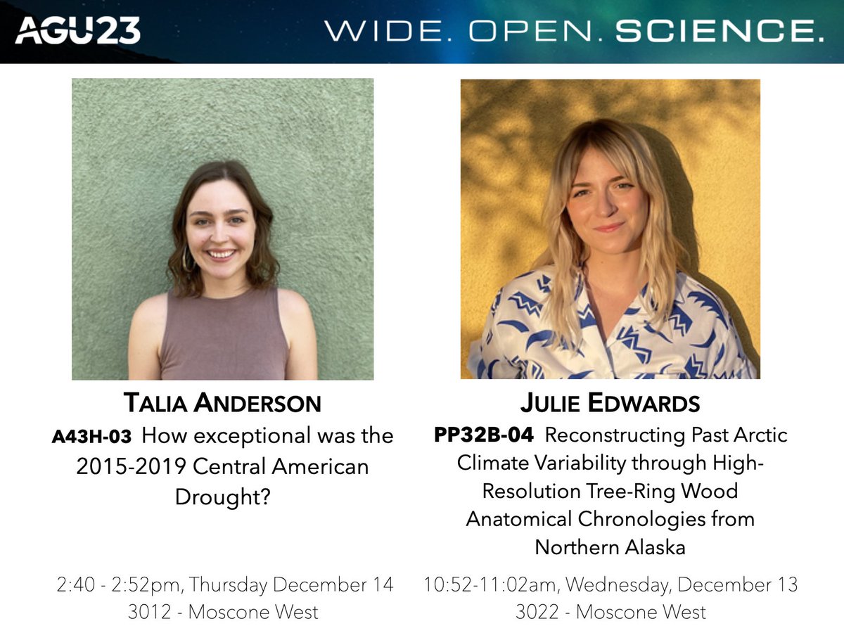 If you're at @theAGU #AGU23 be sure to catch Talia (@talia_and) & Julie (@julieghoul)'s talks! Talia will be talking about her recent GRL paper (doi.org/10.1029/2023GL…) and Julie will be sharing exciting progress on reconstructing Arctic climate using Quantitative Wood Anatomy!