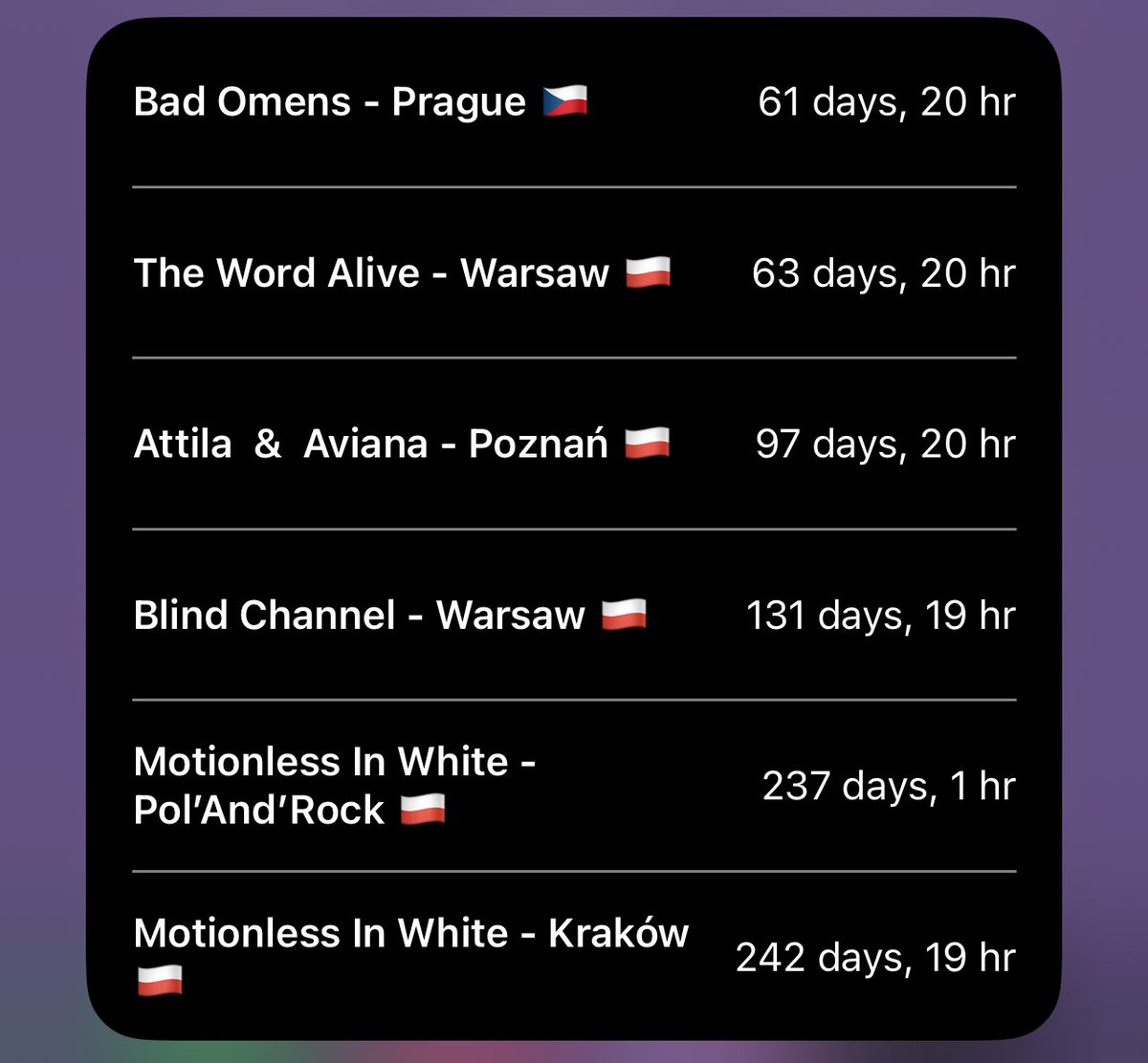 My shows 2024 so far 🥹 ❤️‍🔥

I’m so excited for next year’s adventures and can’t wait to see y’all ✌🏻 🖤

#BadOmens #TheWordAlive #AttilaGA #Aviana #BlindChannel #MotionlessInWhite #Gigs #Shiws #Concerts #PolandRock