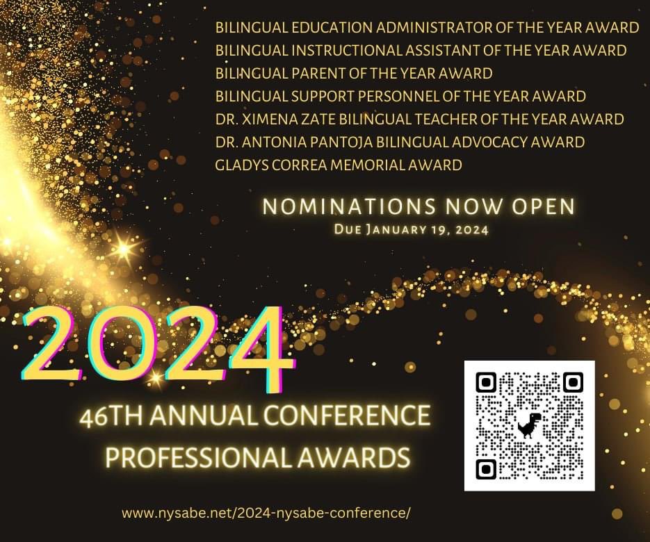 Let's honor our colleagues and heroes in bilingual education! Nominations are due January 19, 2024.The New York State Association for Bilingual Education encourages you to feature your hero at the 46th NYSABE Conference on April 4-6, 2024 in Syracuse, NY! nysabe.net/2024profession…