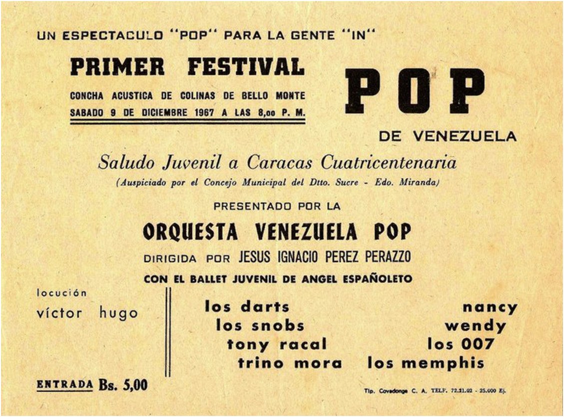 #9Dic 1967. Se realiza el “Primer Festival Pop de Vzla” en la C.A. de Bello Monte, Ccs, con la Orquesta Vzla Pop (Dir: Jesús Ignacio Pérez Perazzo), Trino Mora, Los Memphis, Nancy Ramos, Wendy, Los 007, Los Honda (de Curazao), TheNasty Pillows, Los Snobs y Los Darts.