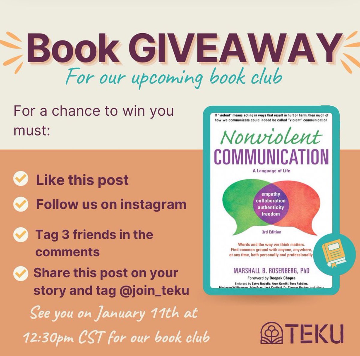 We will be hosting a virtual book club on #nonviolentcommunication on January 11

We are giving away 3 books so you can join us! Connect with us on #instagram to participate!

Tagging some friends to help me amplify 🙏🏽