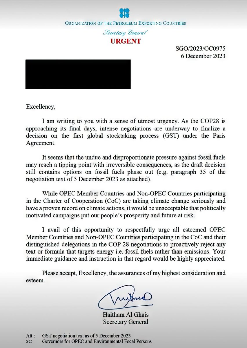 Von Tim Meyer:
Dieser Brief hat große Verbreitung verdient: der Generalsekretär der #OPEC schreibt in einem Brand- und Bettelbrief Delegierte seiner Mitgliedsstaaten und nicht-Mitglieder an, sich auf der #COP28 aktiv gegen den phase out fossiler Energieproduktion zur Wehr zu