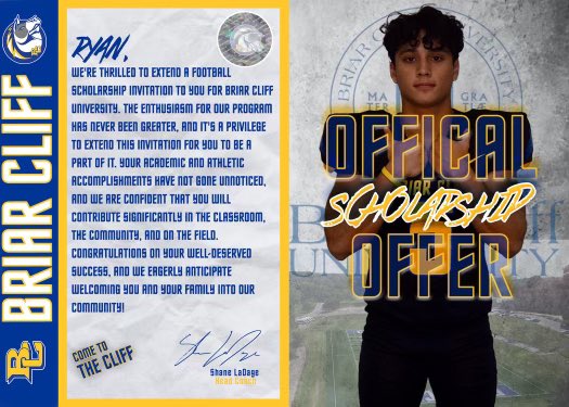ryanortega_1's tweet photo. God did! After a great visit i’m excited to announce I have received an offer from @BriarCliffFB @CoachKoziol !!Thank you for believing in me! https://t.co/By8RBkoc7V