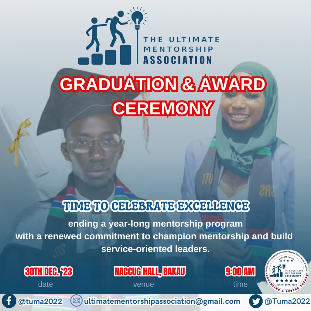 <a href="/Tuma2022/">The Ultimate Mentorship Association</a> draws close to the Graduation and Awards Ceremony of its first Mentorship cohort scheduled on December 30th 2023. 

Join us at NACCUG to celebrate excellence, recognize dedication and inspire the next generation of leaders. 

#RevivingMentorship
#CreatingDifference