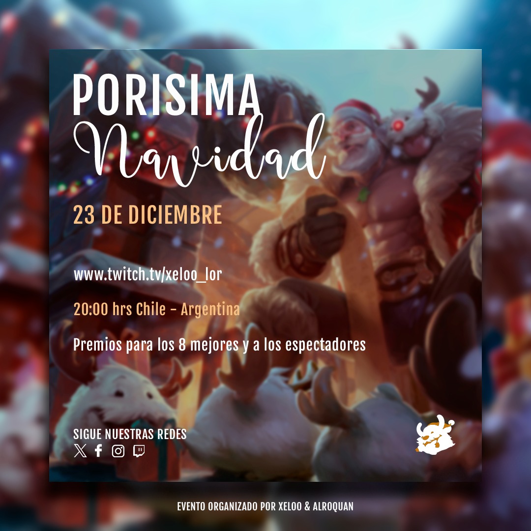 Les traemos un evento para celebrar la navidad como una comunidad. 

¡Porisima Navidad!

Un evento traído a ustedes por su servidor y <a href="/Xeloo_Lor/">Xeloo</a> 

Este se realizará el próximo sábado 23 de diciembre. Más información e inscripciones, aquí: 

battlefy.com/xeloo/por%C3%A…