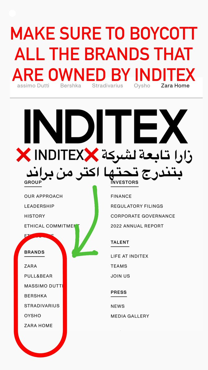 AlmallahiEman's tweet photo. @QudsNen زارا تابعة لشركة ❌INDITEX ❌ 
بتندرج تحتها اكتر من براند pull&amp;Bear
Massimo dutti
Bershka
Stradivarius وغيرها 👇🏼 https://t.co/h70sBCZPkP