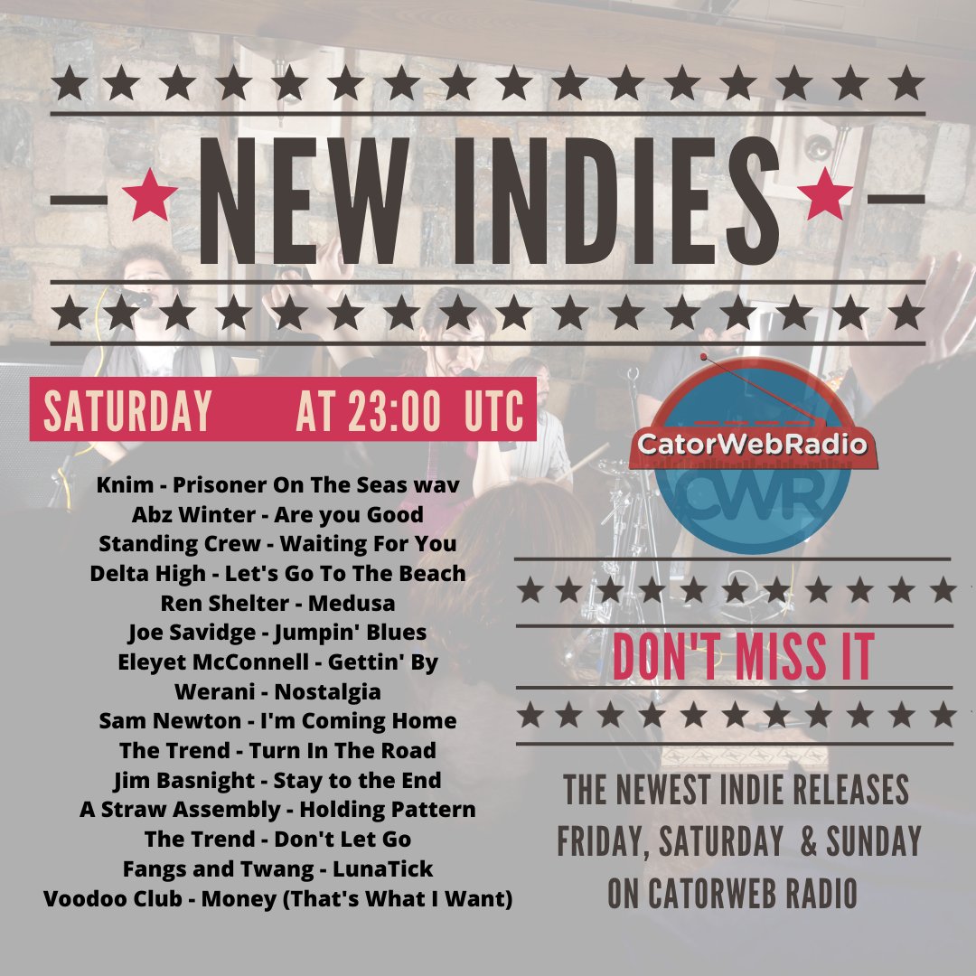 #OnAirNow #NewIndies 
#Knim
@AbzWinterMusic via @Emma_Scott
@CrewStanding
#DeltaHigh
@RenShelter
#JoeSavidge
#EleyetMcConnell
@Voodoo_Club_
#Werani
@samnewtonmusic
@Trendy_Records
@jimbasnight
#AStrawAssembly
@Trendy_Records
@fangsandtwang