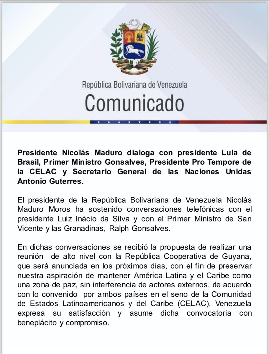 ja_riera's tweet photo. #TodosPorVenezuela #ÚLTIMOMINUTO 🇻🇪🇬🇾 Maduro y el presidente de Guyana, Ifaan Ali se reunirán el 14 de diciembre en San Vicente y las Granadinas para tratar el conflicto sobre el Esequibo @NicolasMaduro @PrimitivoPsuv @PPTPrensa @PPTIleniMedina @beatrizbarraez @jbrachoppt https://t.co/2xeysq4bvB