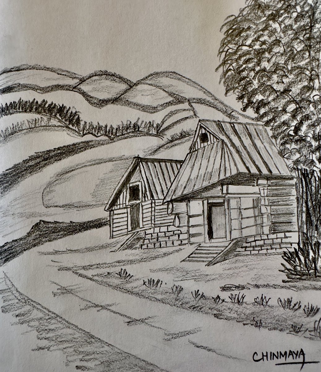 Drawing 29: 

In the quiet embrace of mountains, pencil lines trace the poetry of nature - trees whispering, wooden houses nestled, and a road winding through stories untold. 🏞️🏡✏️ #NatureSketch #MountainPoetry #PencilArt #WoodenHomes #ArtByChinmaya