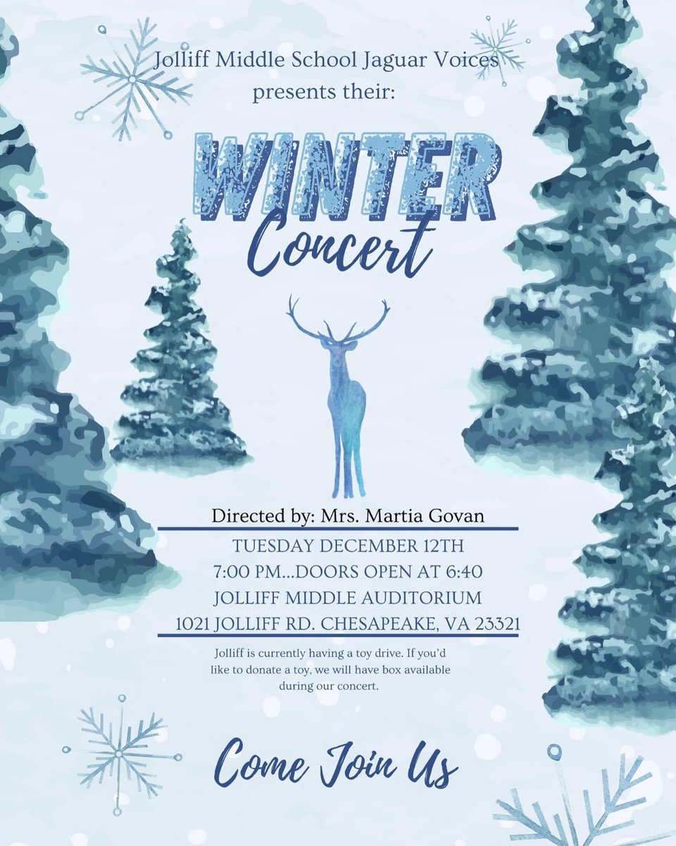 JolliffMiddle's tweet photo. Our Winter Concerts ❄️ continue this Tuesday, Dec 12th! The Jags Voices 🗣️ take the stage to harmonize us some chillin’ selections 💙 We can’t wait to hear them sing for us at 7pm in the JMS Auditorium!
#jagvoices #chorus #winterperformance #holidayseason #winterwonderland https://t.co/PwsCE7wnjj