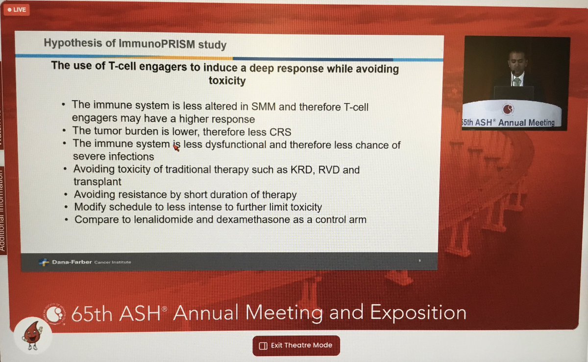 ImmunoPRISM ASH 2023 hypothesis slide - T-cell engagers in smoldering myeloma: less altered immune system, lower tumor burden, less CRS, avoiding toxicity of KRD/RVD/transplant
