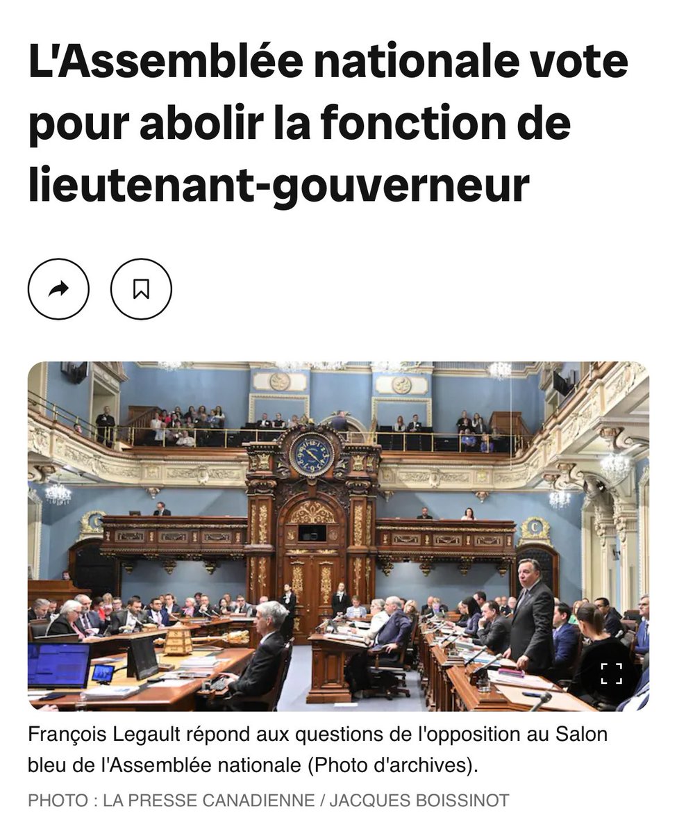 Félicitations à l’Assemblée nationale qui vote à l'unanimité pour l'abolition de la fonction de lieutenant-gouverneur. Le Québec se débarrasse enfin d’un autre archaïsme de la monarchie canadienne. 🇨🇦 Le Parlement appelle au remplacement de cette fonction par une institution…