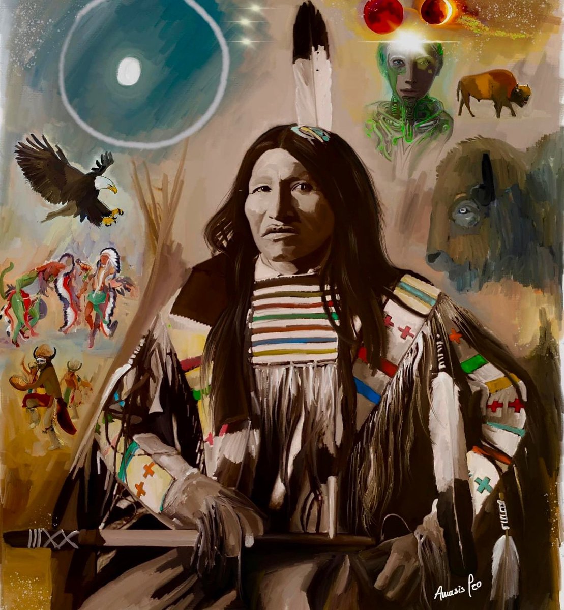 Title: Heȟáka Sápa, wičháša wakȟáŋ (2020)  #painting  #art #indigenousartist #NativeAmerican