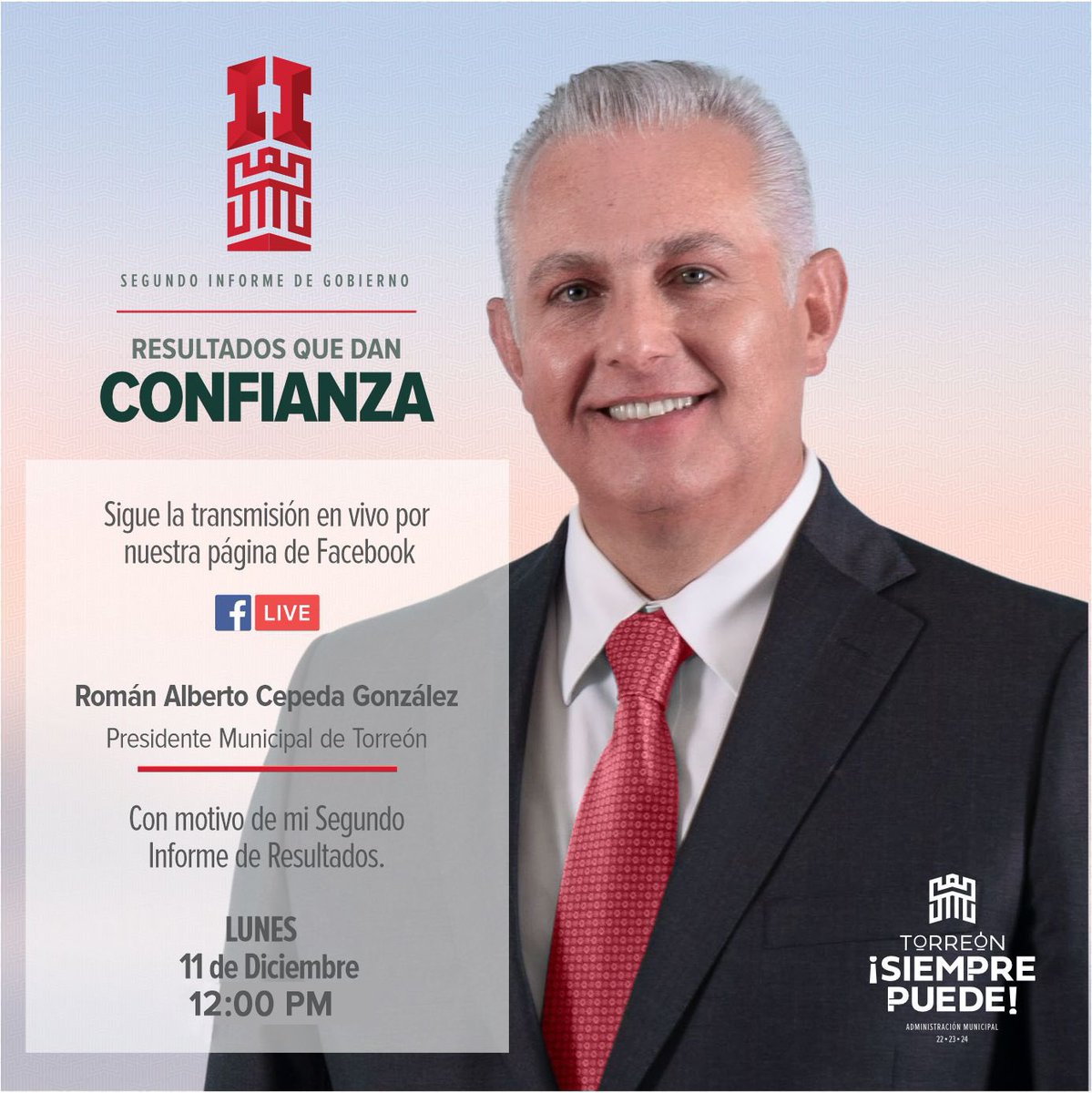 Acompáñame el lunes en mi página de Facebook para la transmisión en vivo de mi #SegundoInforme 📕. ¡Por allá nos vemos! #TorreónMeDaConfianza ✨