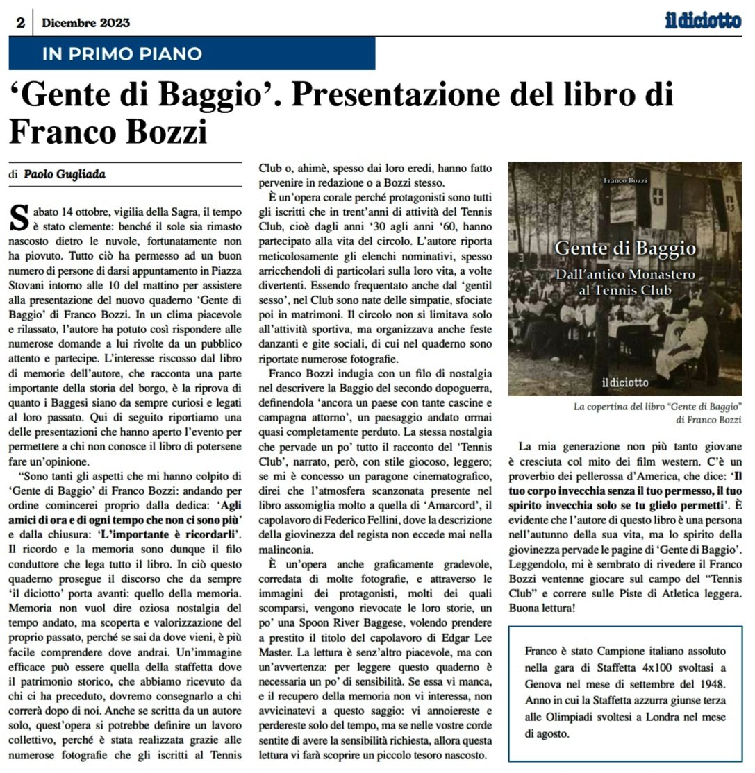ginugiola's tweet photo. Franco #Bozzi splendido narratore
già staffettista campione 🇮🇹 @FidalMilano
ha scritto #GentediBaggio bellissimo libro che ci presenta Paolo #Gugliada 
su #ildiciotto mensile #MilanOvest #dicembre2023 #Milano100 
@VivMilano @EmilianoVerga @SignorAldo @baratto_m @GiovannaDiTroia https://t.co/JvkDUMnpy5