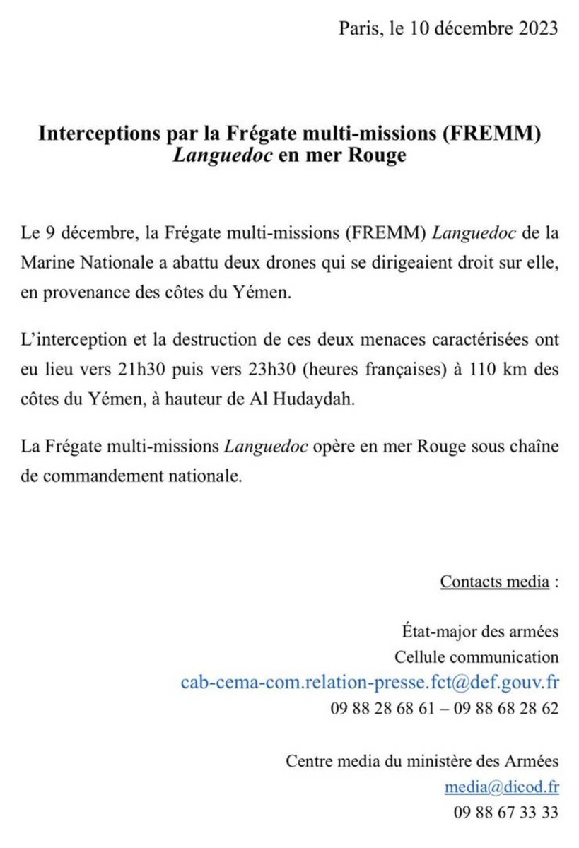 Interception dans la soirée de deux drones en provenance du Yémen par la FREMM Languedoc en mer Rouge.