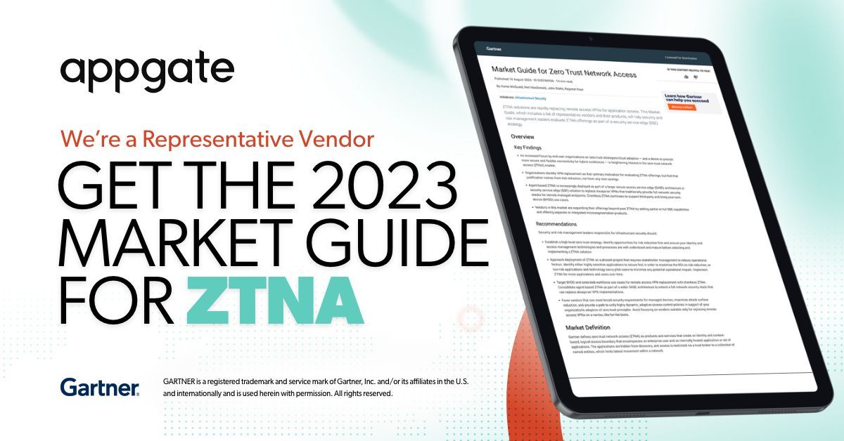 AppgateSecurity's tweet image. Have you read this #ZeroTrustNetworkAccess industry report? It says, “#Gartner sees ZTNA gaining strong adoption among large organizations and midmarket organizations.” Get #cybersecurity insights and your complimentary copy now: bit.ly/45Th3JG