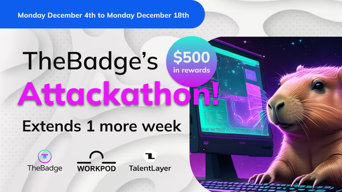 thebadgexyz's tweet photo. #TheBadge's Attackathon will be extended one more week🔥

#Opensource Auditors have an extra week to try to win a share of the 500 $USDC 💰

👉To participate, join our Discord and enter the #Attackathon channel: https://t.co/9TjfUkAEtX

#Web3 #Devs #Crypto #Solidity #ETH #Polygon https://t.co/U0C0lvyf64