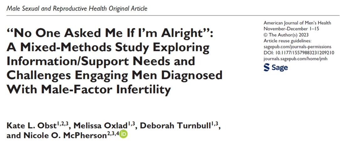 📝 Pleased to share this publication on men's experiences of info & support needs for diagnosis of male-factor infertility. We explore the challenges of engaging men in research & fertility services, a central barrier to adequate support. Read here ➡️ doi.org/10.1177/155798…