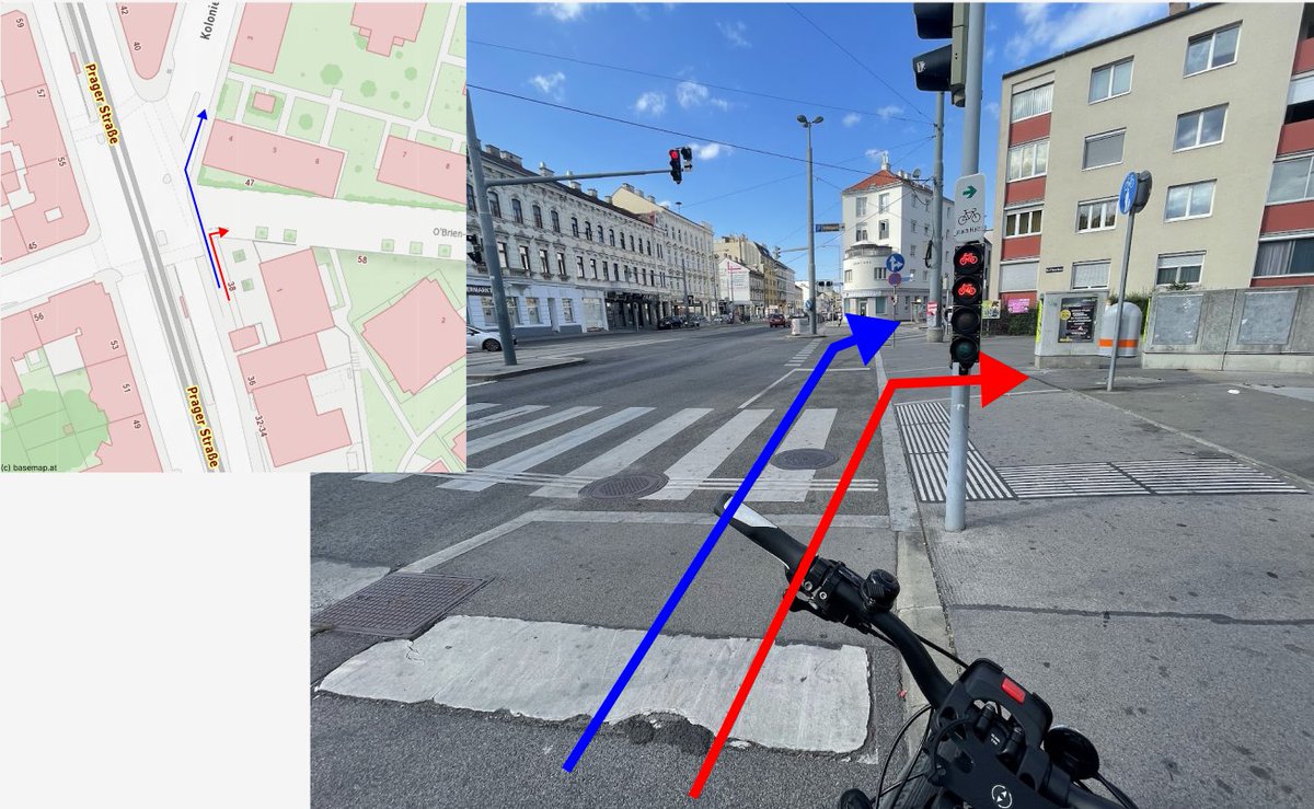 waquner's tweet photo. @LPDWien Ernst gemeinte Frage, da hier immer wieder von Strafen diesbzgl. geredet wurde.
Darf ich hier (Prager Str. # Koloniestr.) als Radfahrer nach Halt (&amp; ohne Jemanden zu gefährden) bei Rot rechts in die Koloniestr. (blau) oder "nur" in den Rad-/Fußweg rechts(rot) einbiegen? https://t.co/0dd3umMsYb