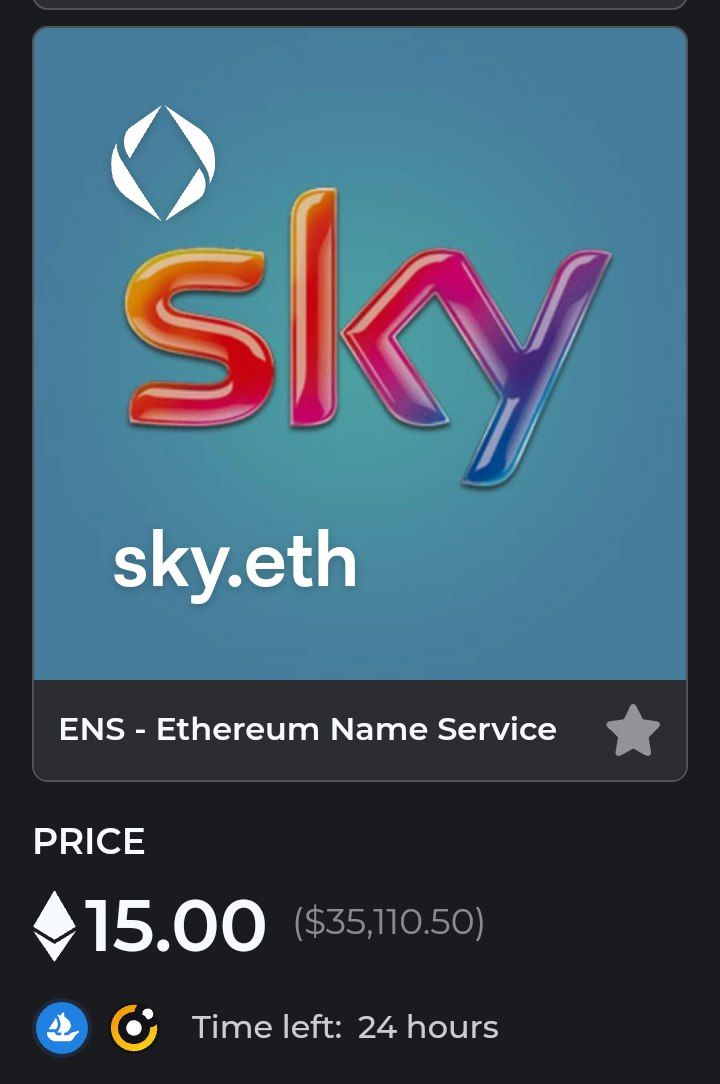 CryptoShout1's tweet photo. #ENS grail up for sale for 15E for 1 day only.  

Sky.eth first/last name. One of the biggest media companies on the planet. 

Listed on @ensvision &amp; @opensea https://t.co/dRIu96mZI7