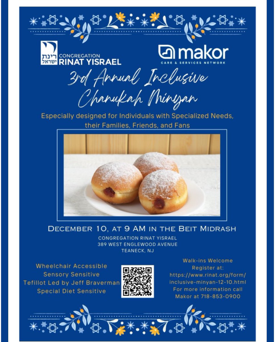 Tomorrow (Sunday, 12/10 at 9:00 AM) at Rinat! For individuals with specialized needs, their families, friends, and fans! Walk-ins welcome!