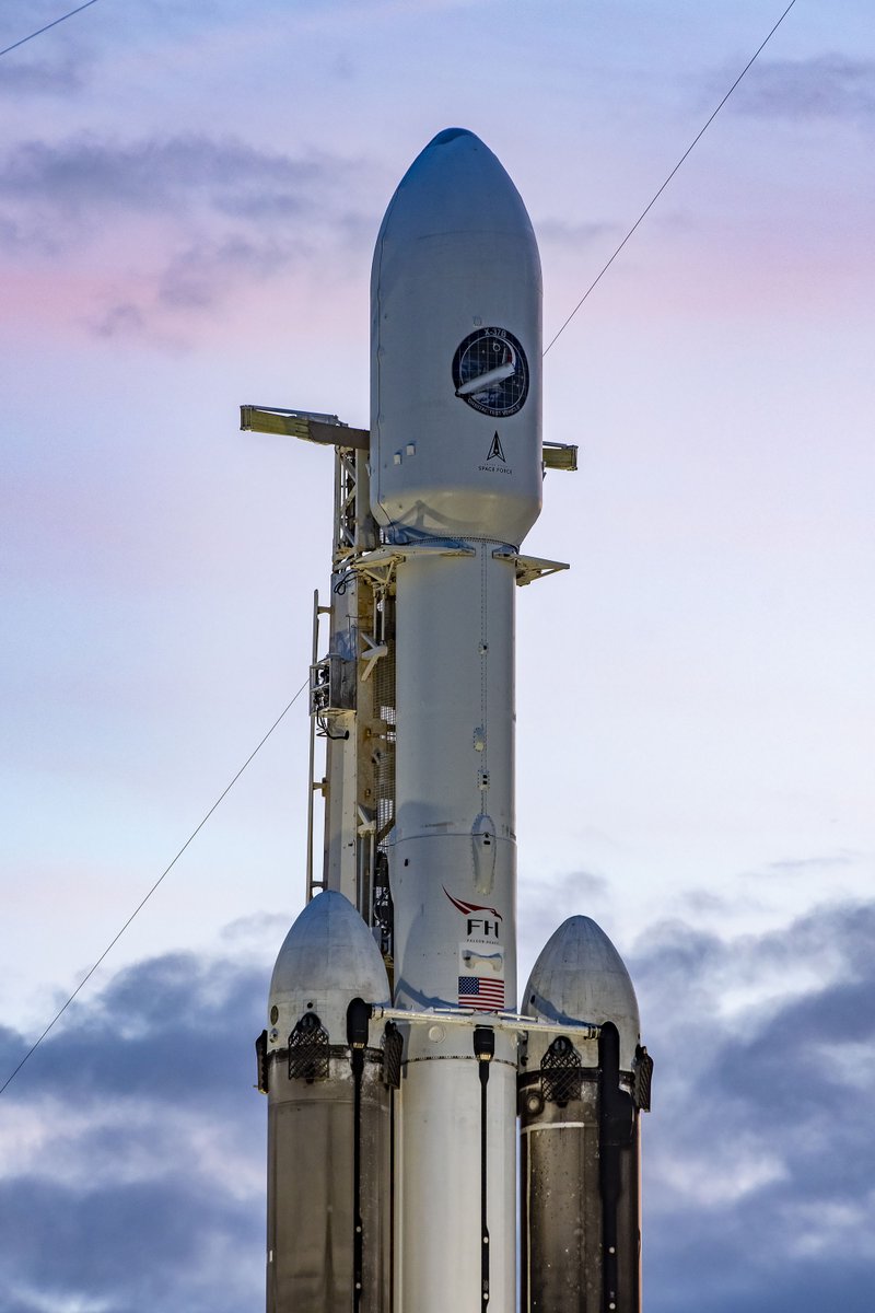 Sunset shot of Falcon Heavy at Launch Complex 39A in Florida ahead of tomorrow's launch of USSF-52