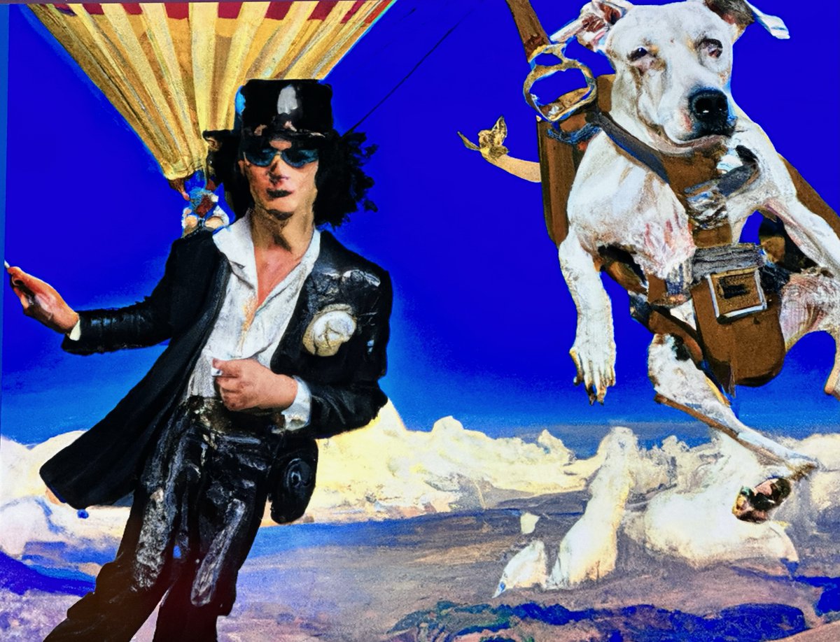 Stonecutter's tweet photo. A couple of first efforts with AI art on Dalle 2. Jimmy Page skydiving with a bulldog and a young boy getting his dream Stratocaster from his father outside a music store. https://t.co/vjB8JHtFhP