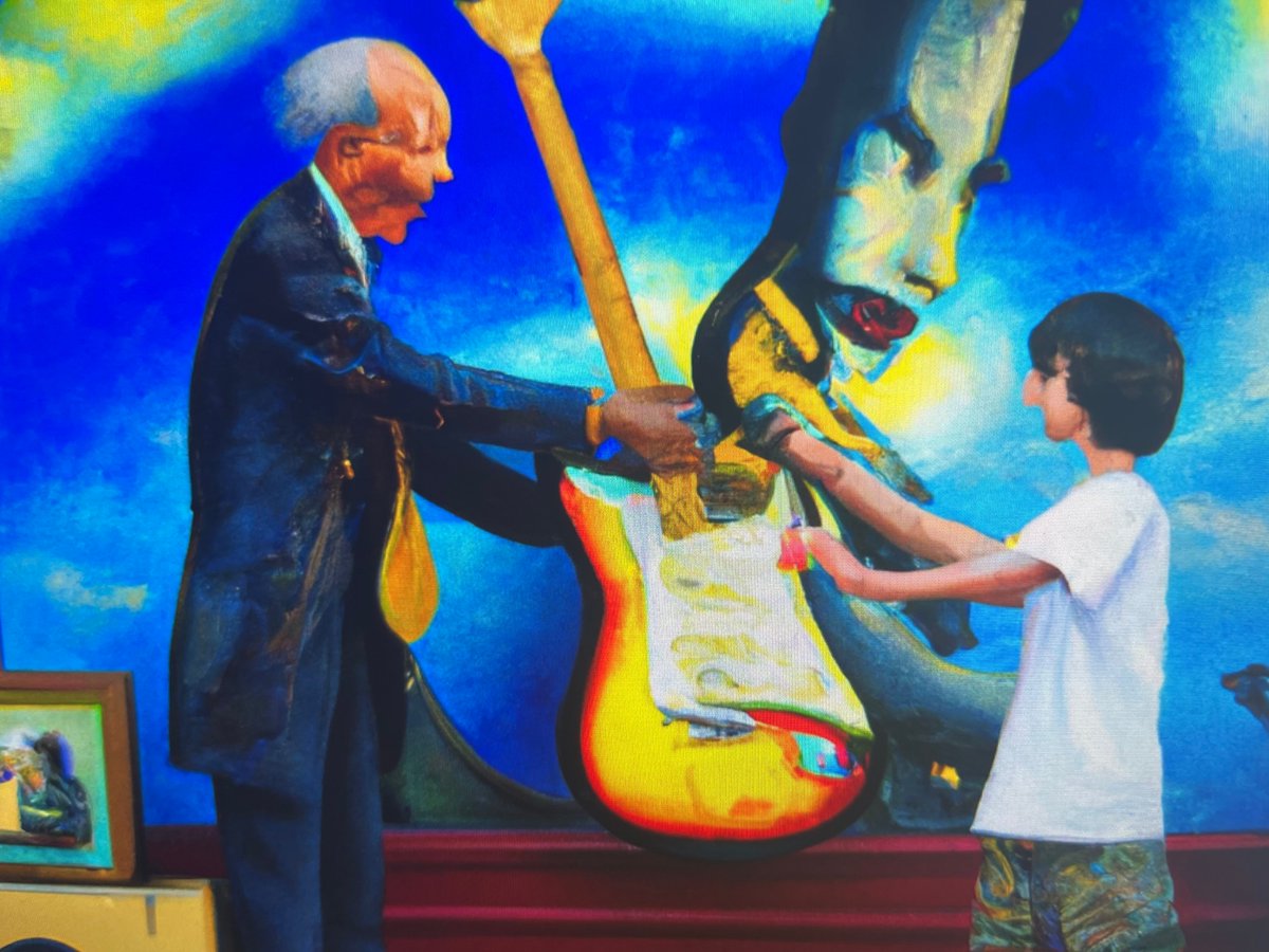 Stonecutter's tweet photo. A couple of first efforts with AI art on Dalle 2. Jimmy Page skydiving with a bulldog and a young boy getting his dream Stratocaster from his father outside a music store. https://t.co/vjB8JHtFhP