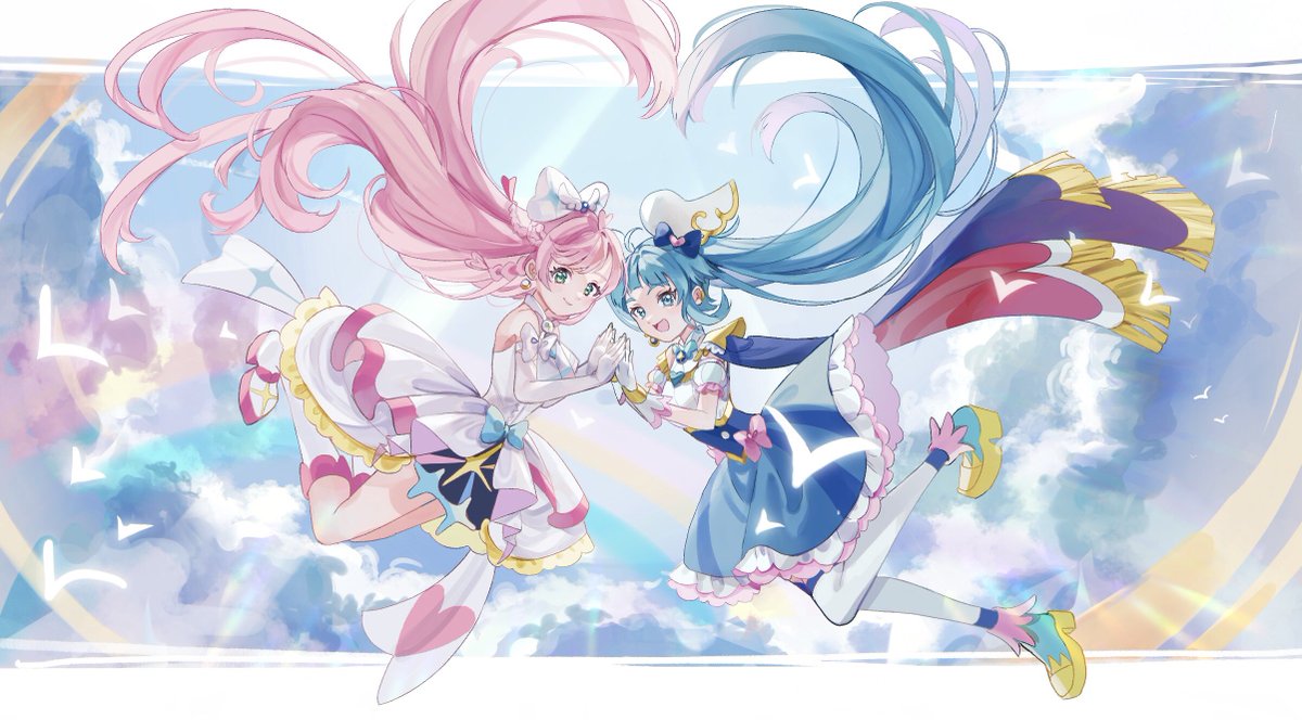 cure sky ,nijigaoka mashiro ,sora harewataru multiple girls 2girls pink hair long hair blue hair gloves holding hands  illustration images