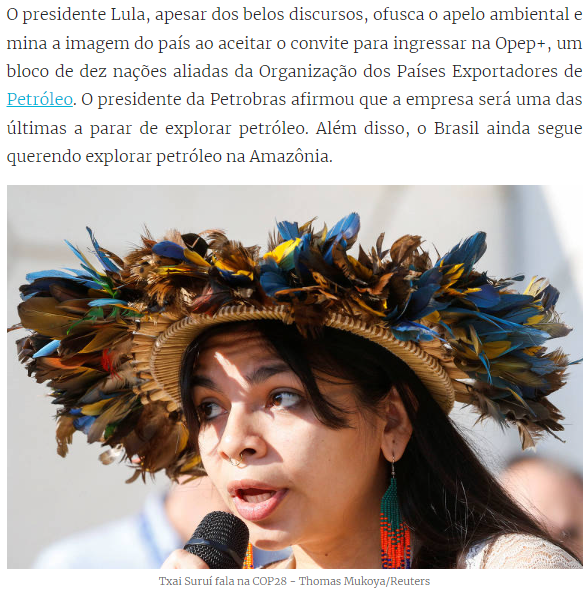 "São sete lobistas para cada indígena presente na #COP28 , relata <a href="/walela15/">Txai Suruí . Para Yvoty 🪶</a> em seu artigo desta semana, na Folha. Critica Lula por sua opção pelo petróleo e o Congresso pelos ataques à demarcação dos territórios e aos direitos dos povos indígenas. (+)
www1.folha.uol.com.br/colunas/txai-s…