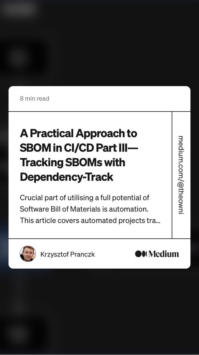“A Practical Approach to #SBOM in CI/CD Part III — Tracking SBOMs with Dependency-Track” by Krzysztof Pranczk

itnext.io/a-practical-ap…

#OWASP #SoftwareSupplyChain