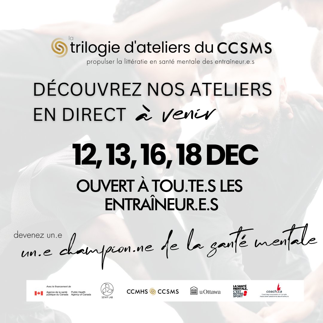 ccmhs_ccsms's tweet image. Les ateliers en direct sont de retour !

12 déc. - Atelier 1 - 19 h - 20 h 30 HE
13 déc. - Atelier 3 - 19 h - 20 h 30 HE
16 déc. - Atelier 3 - 12 h - 13 h 30 HE
18 déc. - Atelier 2 - 19 h - 20 h 30 HE

Inscrivez-vous : ccmhs-ccsms-education.thinkific.com/users/sign_up

#CCMHS #CCSMS #coach #entraineur