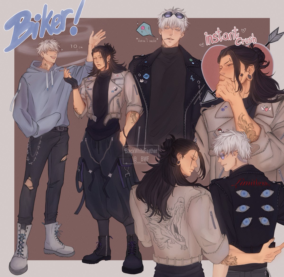 𓆩🖤𓆪 satosugu biker au 𓆩🖤𓆪🏍
I think they'd be insufferable (lovingly) 

..also this is soo self-indulgent if you know me irl you know I love this kind of fashion 🫶