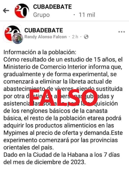 ⚠️ NOTICIA FALSA ⚠️
Circula por las redes sociales información aludiendo que se elimina gradualmente la libreta de abastecimientos, hecho que es completamente falso!!!!