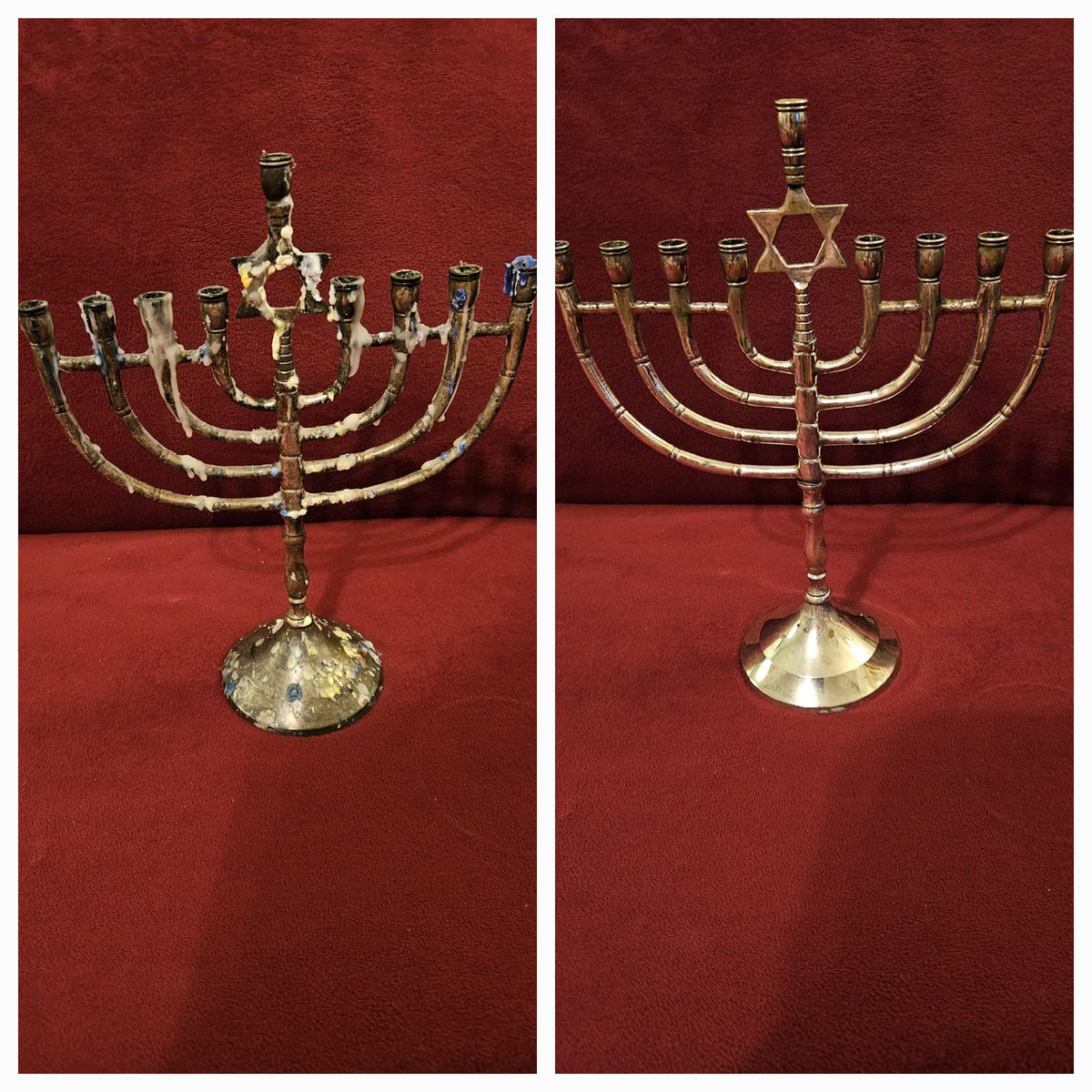 Before and After
Practicing a little 'hiddur mitzvah' this evening - to make ritual objects as beautiful as possible. His menorah needed a little TLC and I jumped in with wax-melting skills and polishing cloths.  ❤️ #LoveInAction