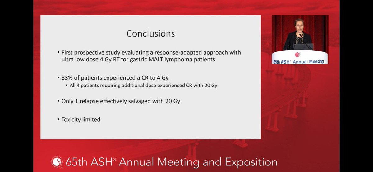 Truly OUTSTANDING work by @MDAndersonNews @JillGunther on her Ph2 trial of response adapted ultra low dose (4Gy) RT for gastric MALT. 24 pts,4 required the additional 20 Gy.All pts had a CR to the response adapted program, 3yr LC 96% & 3yr freedom from distant relapse 96%#ASH2023
