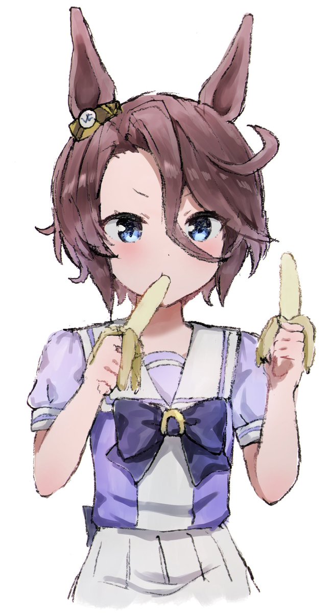 narita taishin (umamusume) 1girl solo animal ears horse ears banana food brown hair  illustration images