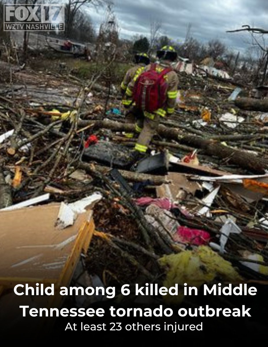 FOXNashville's tweet photo. BREAKING NEWS: At least six people, including 1 child, have died Saturday as a catastrophic tornado outbreak slammed Middle Tennessee. https://t.co/JEoit1tBZp

📸 Brittany Black https://t.co/mtmZhcBHa4